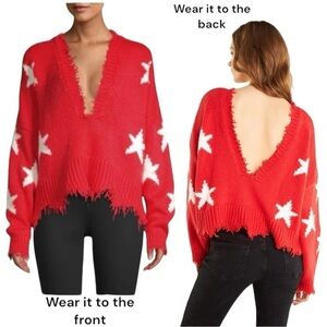 WILDFOX Stars Red Palmetto Knit Sweater Oversized Loose Fit Fringed …